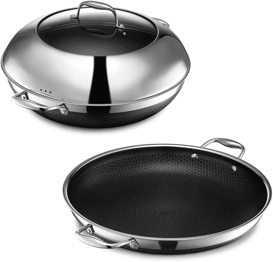 

HexClad 4 Piece Hybrid Stainless Steel Cookware Set - 14 Inch Wok and14 Inch Frying Pan with Lid, Stay Cool Handles