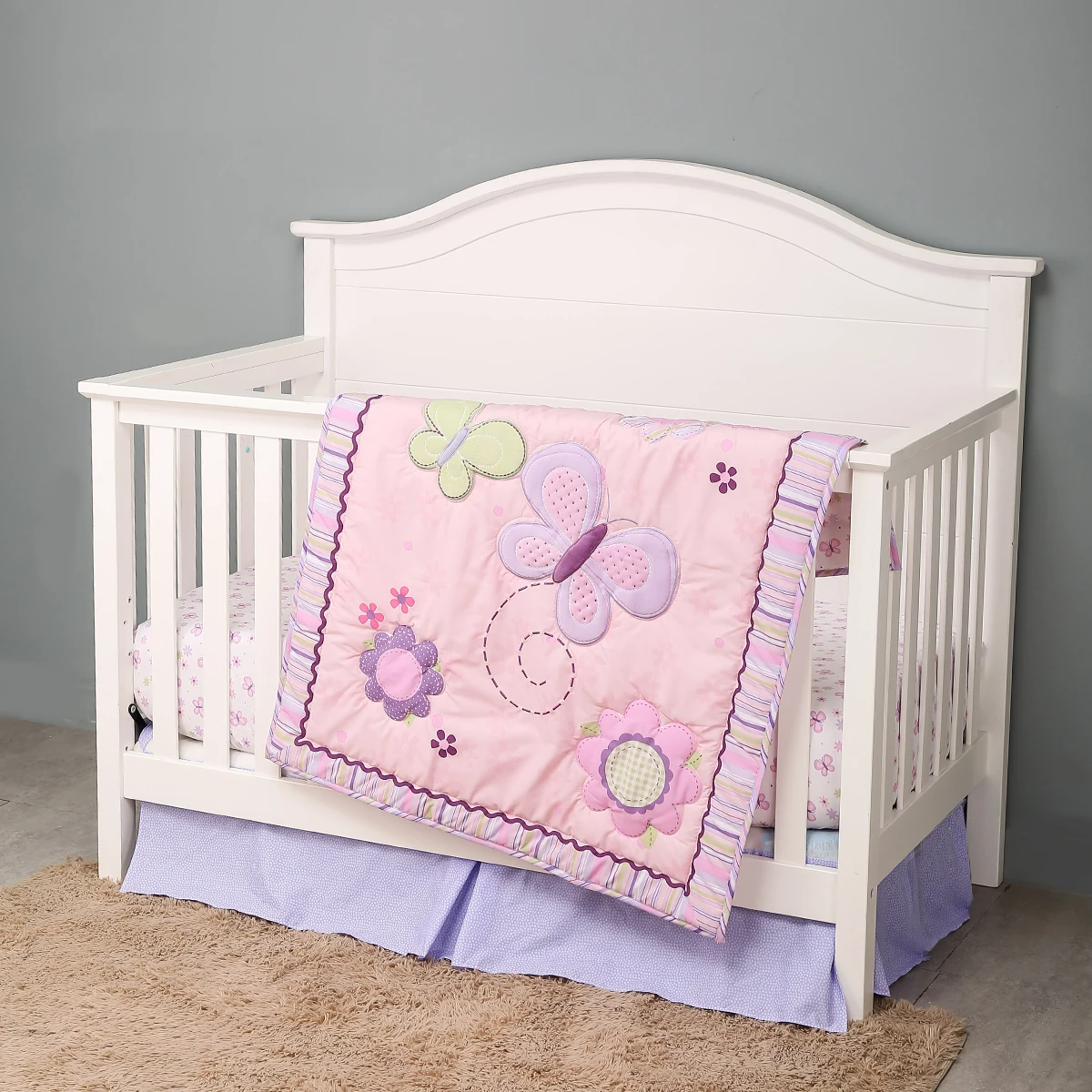 3Pcs Purple Cartoon Pattern Baby Girl Crib Bedding Set Crib Sheet Infant (Baby Comforter Fitted Sheet Crib Skirt)