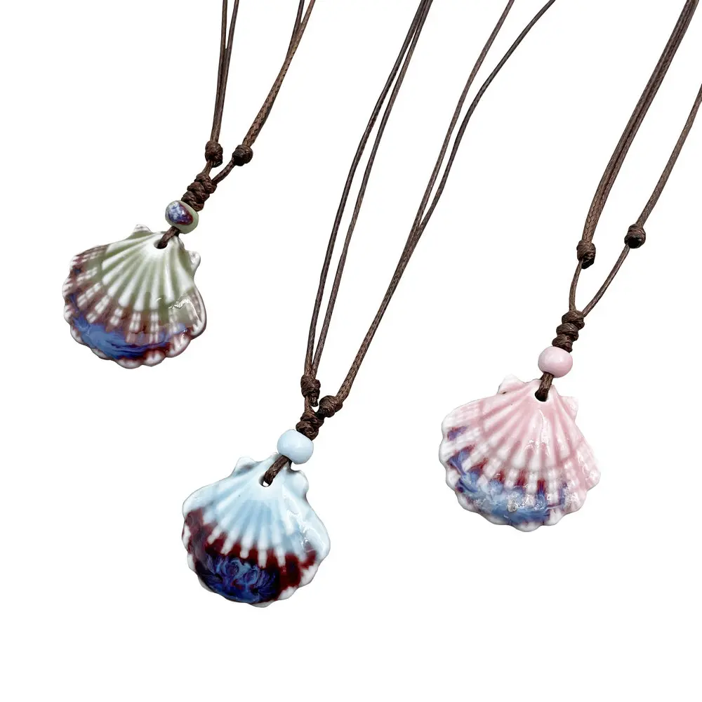 A002 Fashion Jewelry Retro Ceramic Beads Shell Pendant Long Necklace Fashion Women Chains Necklace Jewelry High Quality