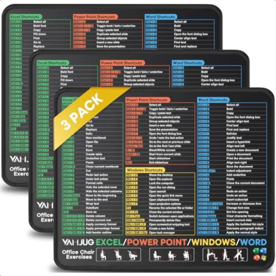 3 blocos de mouse pads para Excel Word PowerPoint Windows atalhos extra claros Excel Cheat Sheet Desk Pad com bordas costuradas 10,2x8