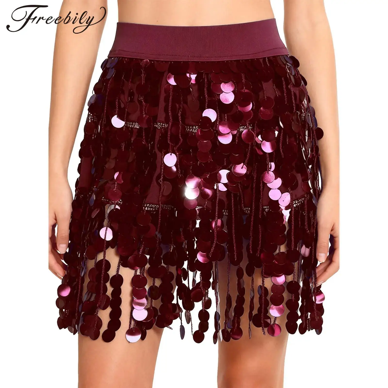 Women Sparkly Party Disco Costume Dancwear Tassel Skirts Sequin Fringe Mini Skirt Latin Dance Tango Chacha Belly Dance Cosutme