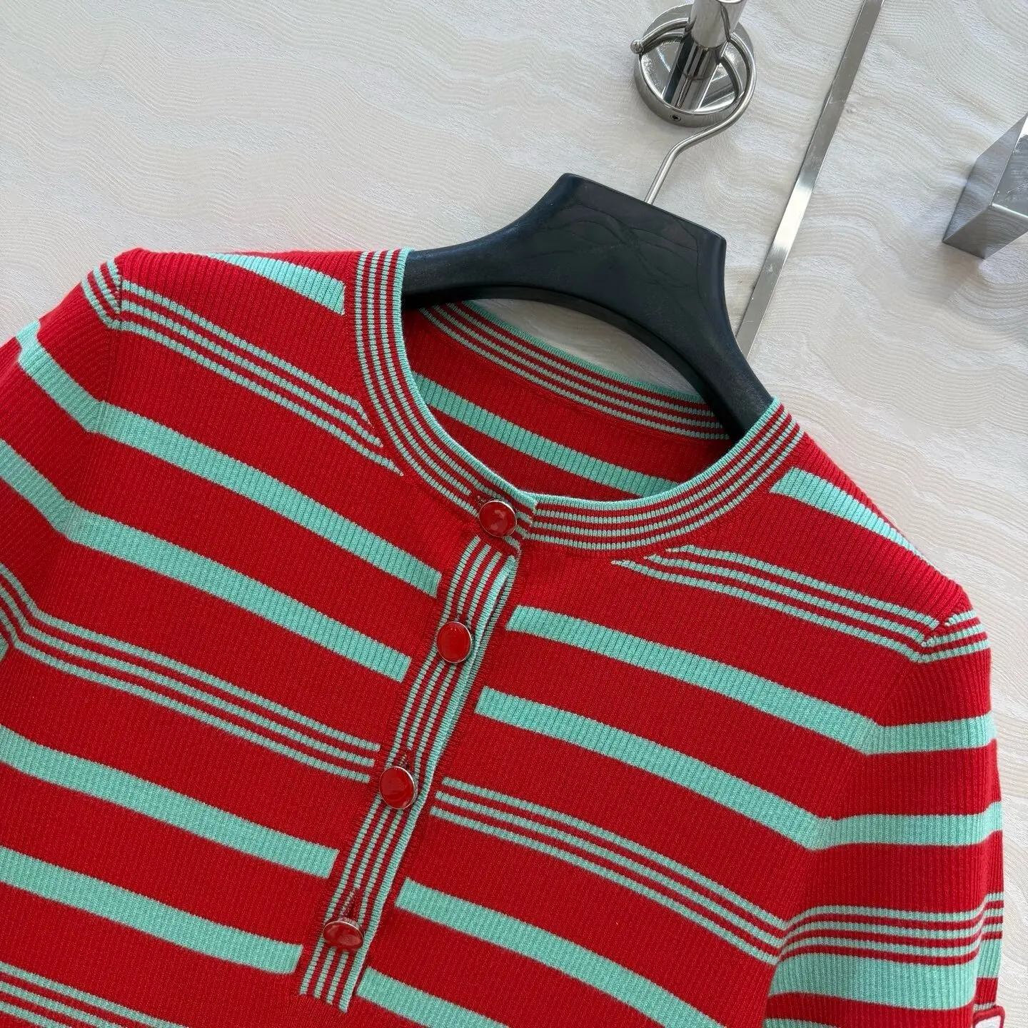 Women's Slim Fit Striped Knit T-Shirt, Round Neck Short Sleeve Button-Up Top