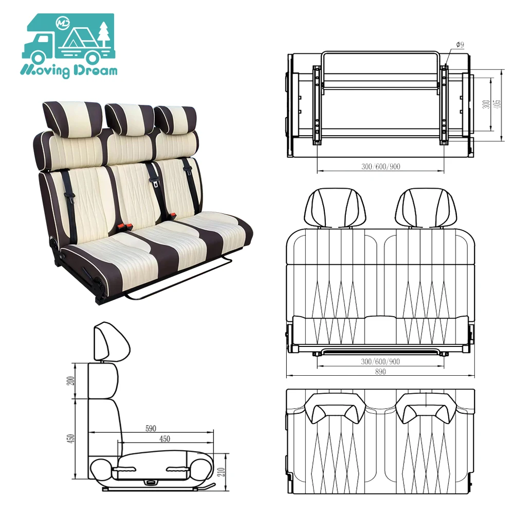 JDA Leather Adjustable Modified Folding Changeover Bed Car Triple Seats for Caravan Campervan Van MPV RV Motorhome view 3