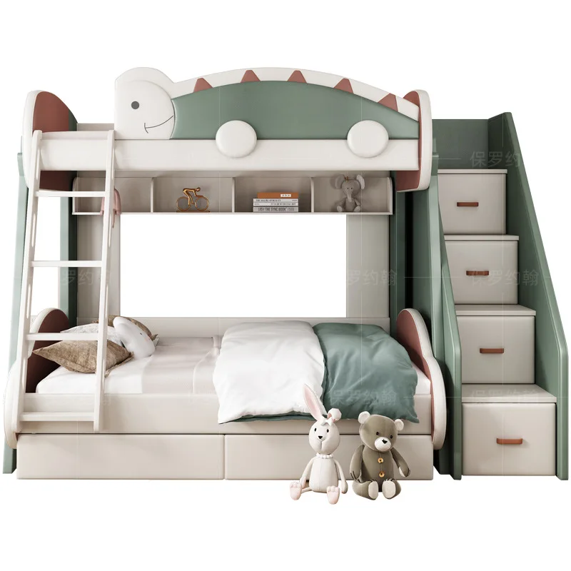 Fashion Children and boys bunk beds Soft bag leather bed Solid wood high and low bed Double layer Adult mother and child