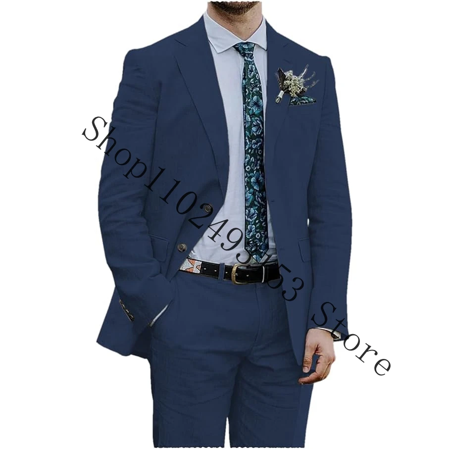 Navy Blue Linen Men Suits Slim Fit Notched Lapel Two Buttons 2 Pieces Weddding Suit Groom Wear Tuxedo Blazer Pants Costume Homme