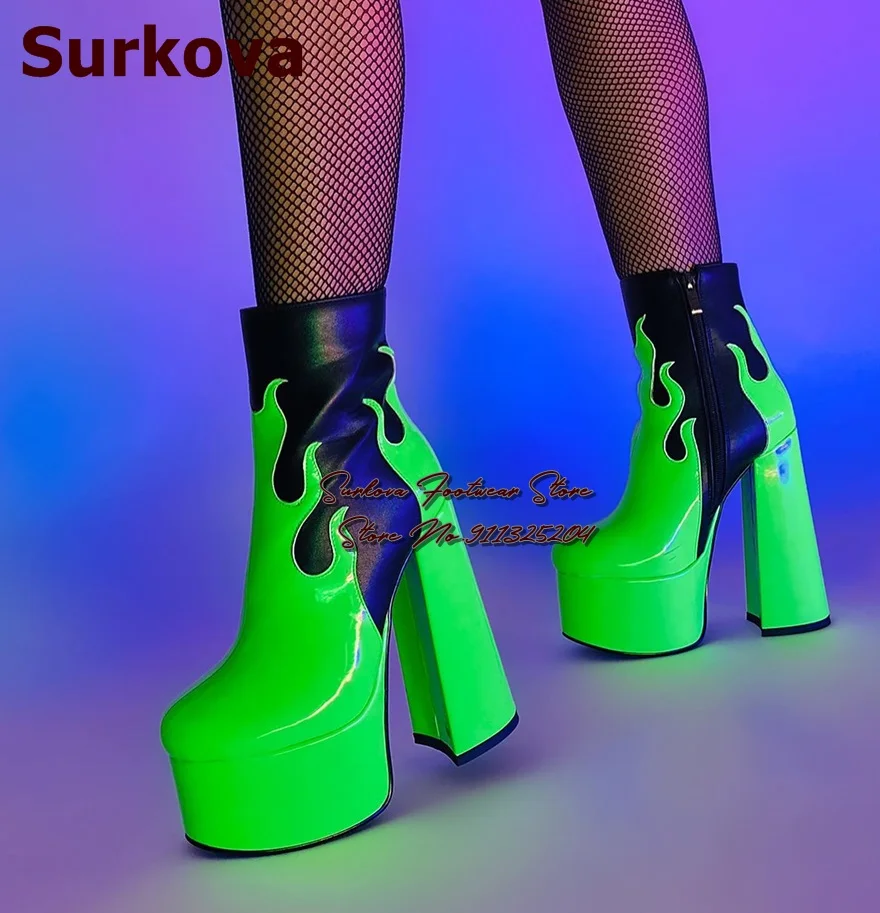 

Surkova Neon Green Patent Leather Strange Chunky Heel Ankle Boots Black Matte Torch Shaped Patchwork Short Booties High Platform