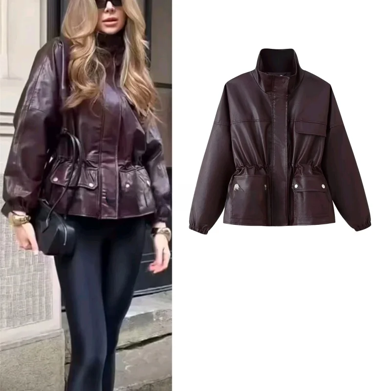 

Женская осенне-зимняя короткая куртка из искусственной кожи в стиле ретро с воротником-стойкой, приталенная, с декоративными элементами, в стиле Ins, женская верхняя одежда