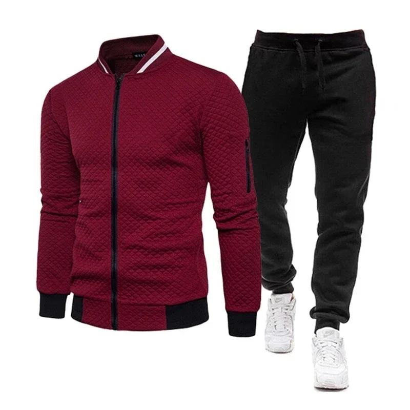 

Autumn and winter fashion baseball jersey zipper stand up collar sweatshirt jacket men's casual plaid cardigan solid color set