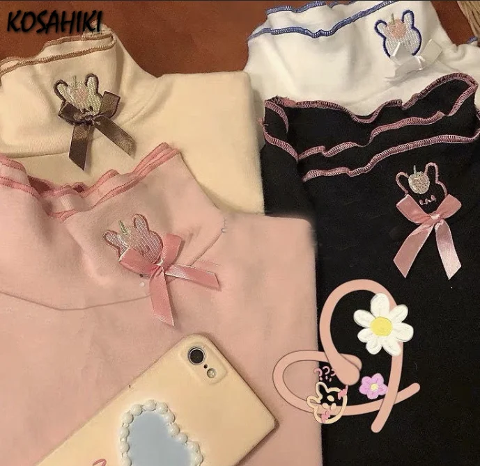 KOSAHIPastel-T-shirt à Manches sulfDralon pour Femme, Col Roulé Brodé Lapin Kawaii, Slim, Y2K, Japon, Doux, Basique, Tee à Volants, Y-2024