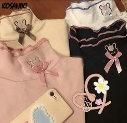 KOSAHIKI Dralon Long Sleeve T-shirt Women Kawaii Rabbit Embroidery Turtleneck Slim Tops 2024 Y2k Japan Sweet Basic Ruffle Tee