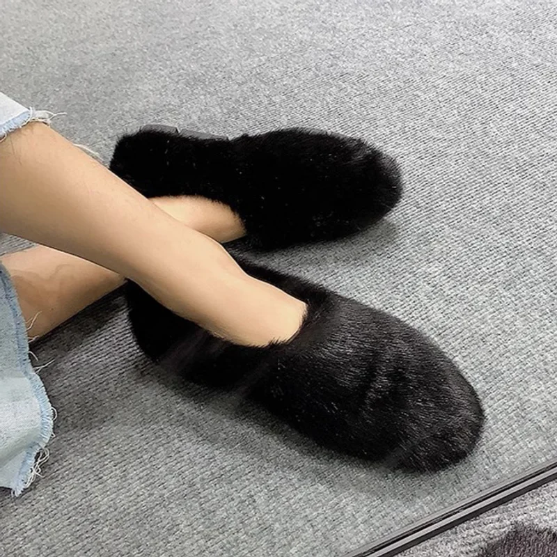 Winter Furry Shoes Ladies Mink Fur Flat Loafers Women Shallow V-Open Flats LadiesWomen Warm Fluffy Closed Heel Mink Fur Shoes