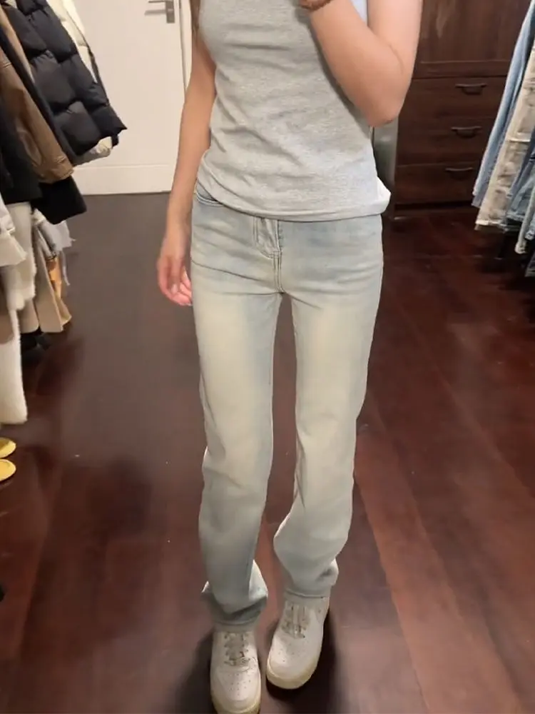 Jean Woman Denim Jeans Straight Blue Casual Retro 2000S American Distressed Hole Ripped Female Clothing Unisex Basic Simple Long