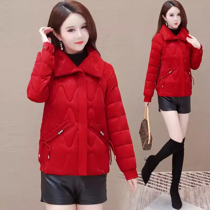 Korean Winter Parkas Gloss Down Padded Women New Fashion Stand Collar Short Thick Warm Cotton Coat Female Loose Outerwear W525