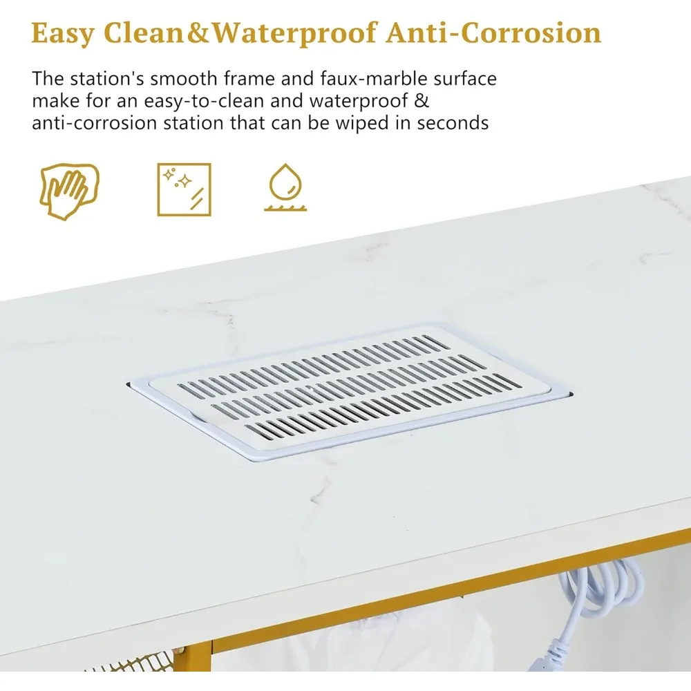 طاولة مانيكير للأظافر لتقنية الأظافر، طاولة أظافر ذات نسيج رخامي مع فتحة تهوية كهربائية، وسادة معصم، عجلات قابلة للقفل