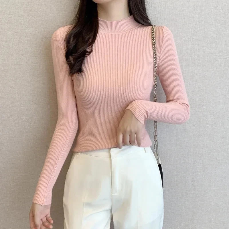 

Полуводолазка, пуловер, вязаный нижний свитер, облегающий женский свитер с длинным рукавом, весенне-осенний внутренний топ, однотонный повседневный простой джемпер