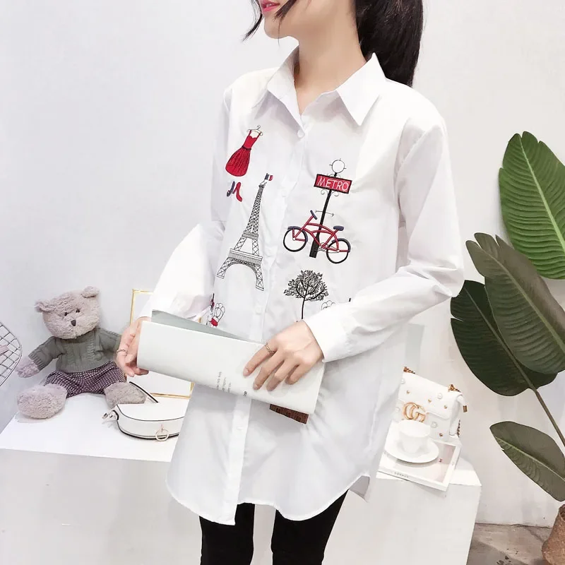 2024 New Casual Button Up Turn Down Collar Female Blouse White Women\'s Shirt Long Sleeve Cotton Embroidery Office Lady Tops 5083