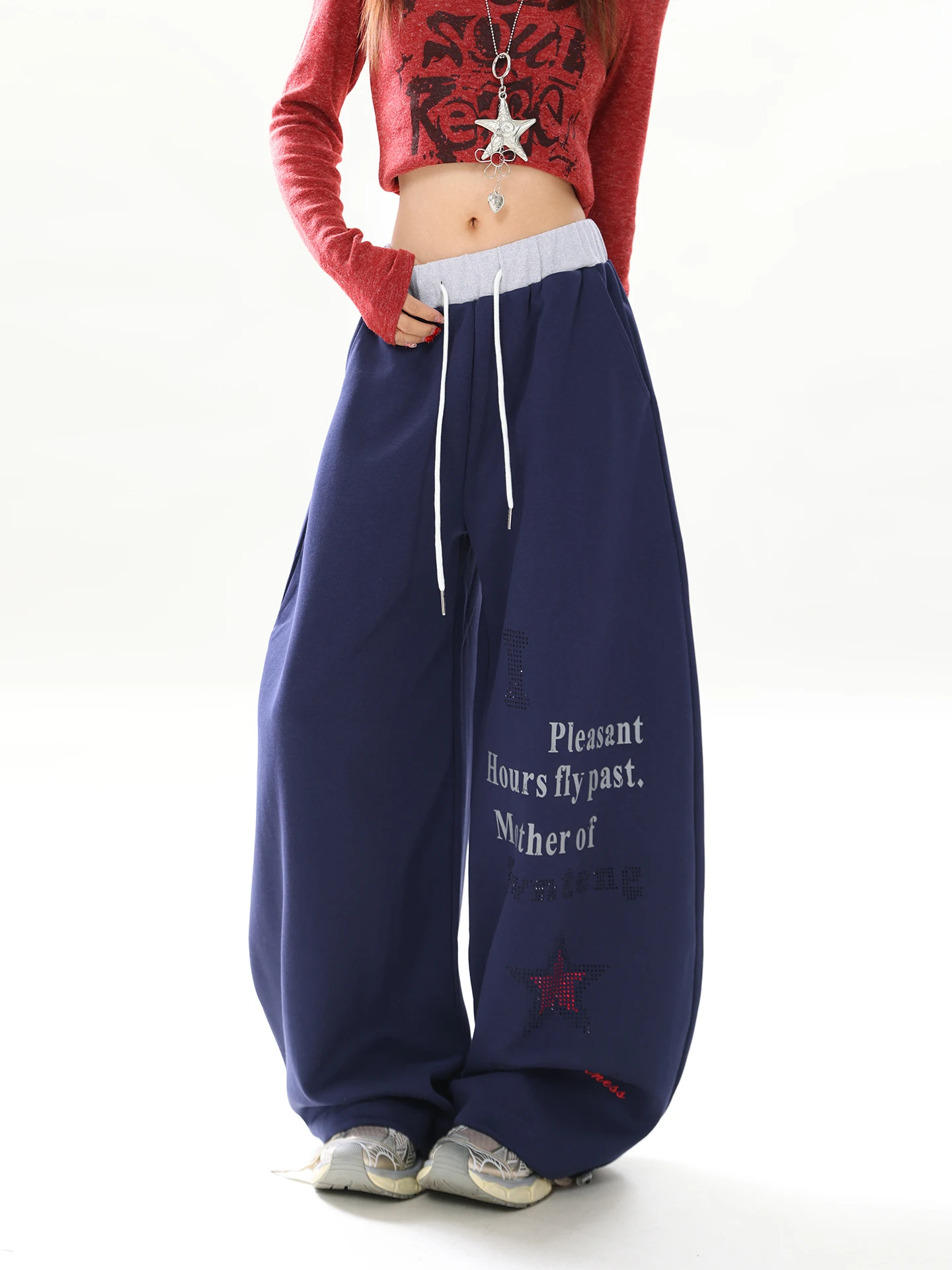 

Брюки AONW American Sle: повседневные, широкие, женские, свободные, с высокой талией, стройнящие, винтажные, с лоскутным узором, со стразами в виде звезд, для полных женщин