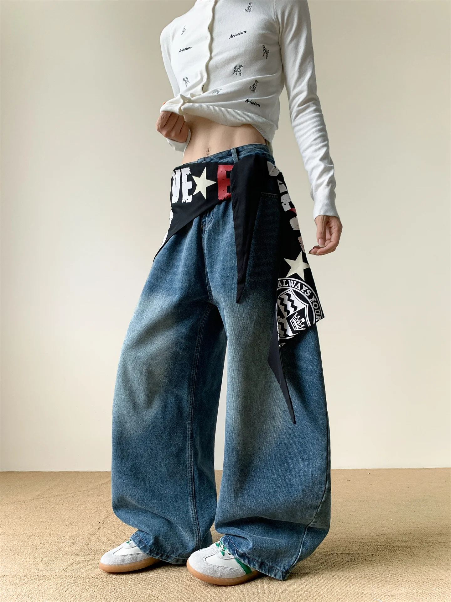 

American Sle Men's Wide Leg Jeans Street Dance Hip Hop Waed Design Loose Fit Bootcut Pants Torn Hole mid Waist Zipper Clo...