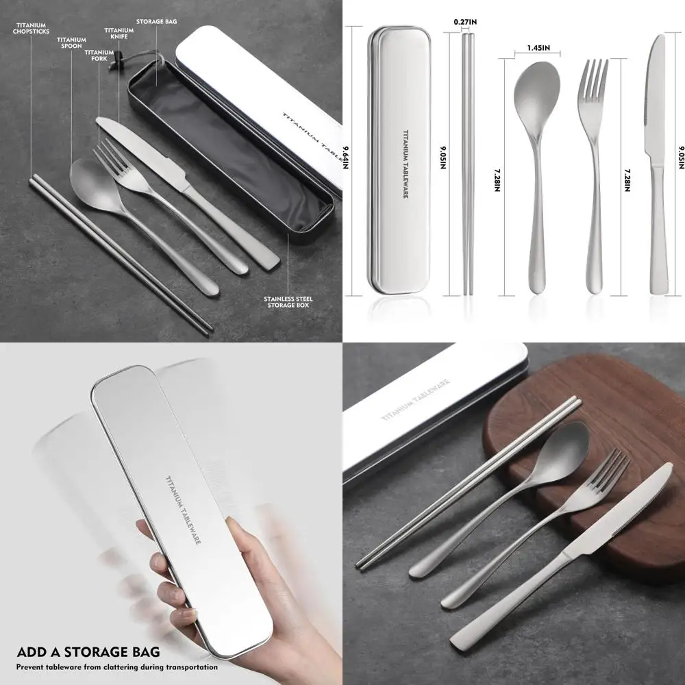 

Титановый дорожный набор столовых приборов, портативный набор для обеда с футляром, включая титановые палочки для еды, ложку, вилку, нож, многоразовый.