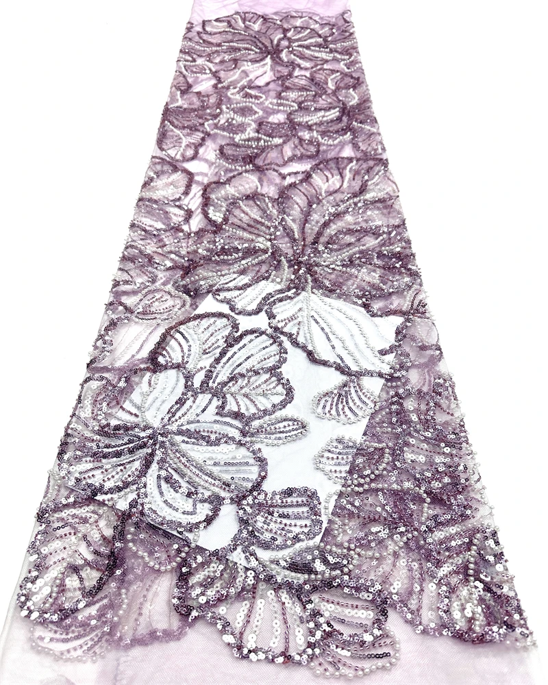 

French Embroidery Beaded Lace Fabric Sequins African Nigerian Style for Fashionable Wedding Dresses