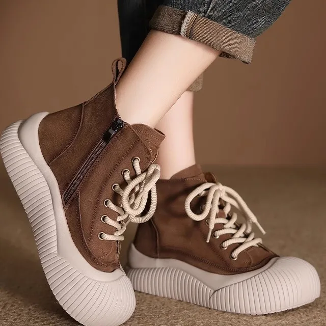 

Comfortable Casual High Top Women's Boots Fashionable Versatile Leather Shoes Suitable for All Seasons round Toe mid Heel