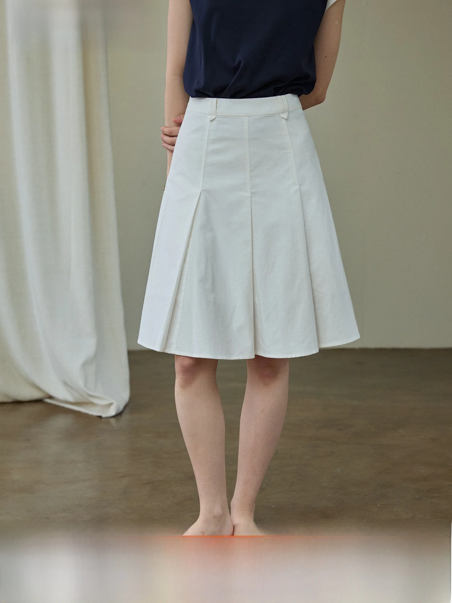 White A-Line Pleated Skirt Women's Summer Commute High Waist Cotton Linen Polyester Blend Fabric Midi Skirt Vintage Design