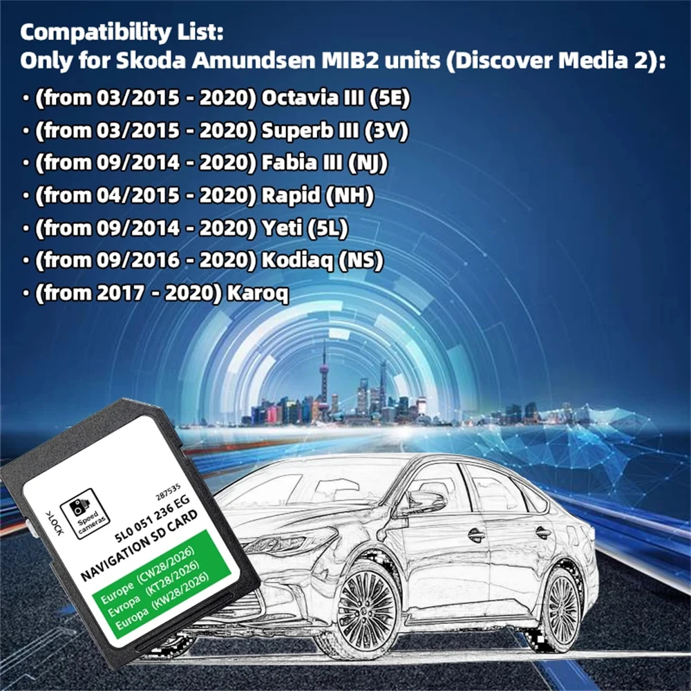 NEWEST 32GB Europe UK Maps 2026 5L0051236EG Navigation for Skoda Octavia Superb Fabia Rapid Amundsen MIB2 SAT NAV SD Card