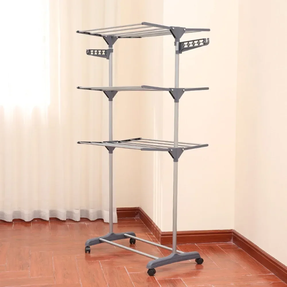 Clothes Rack Folding 3-Layer Strong Load-bearing Capacity Stainless Steel Floor Standing Towel Pants Shelf Foldable Coat Rack