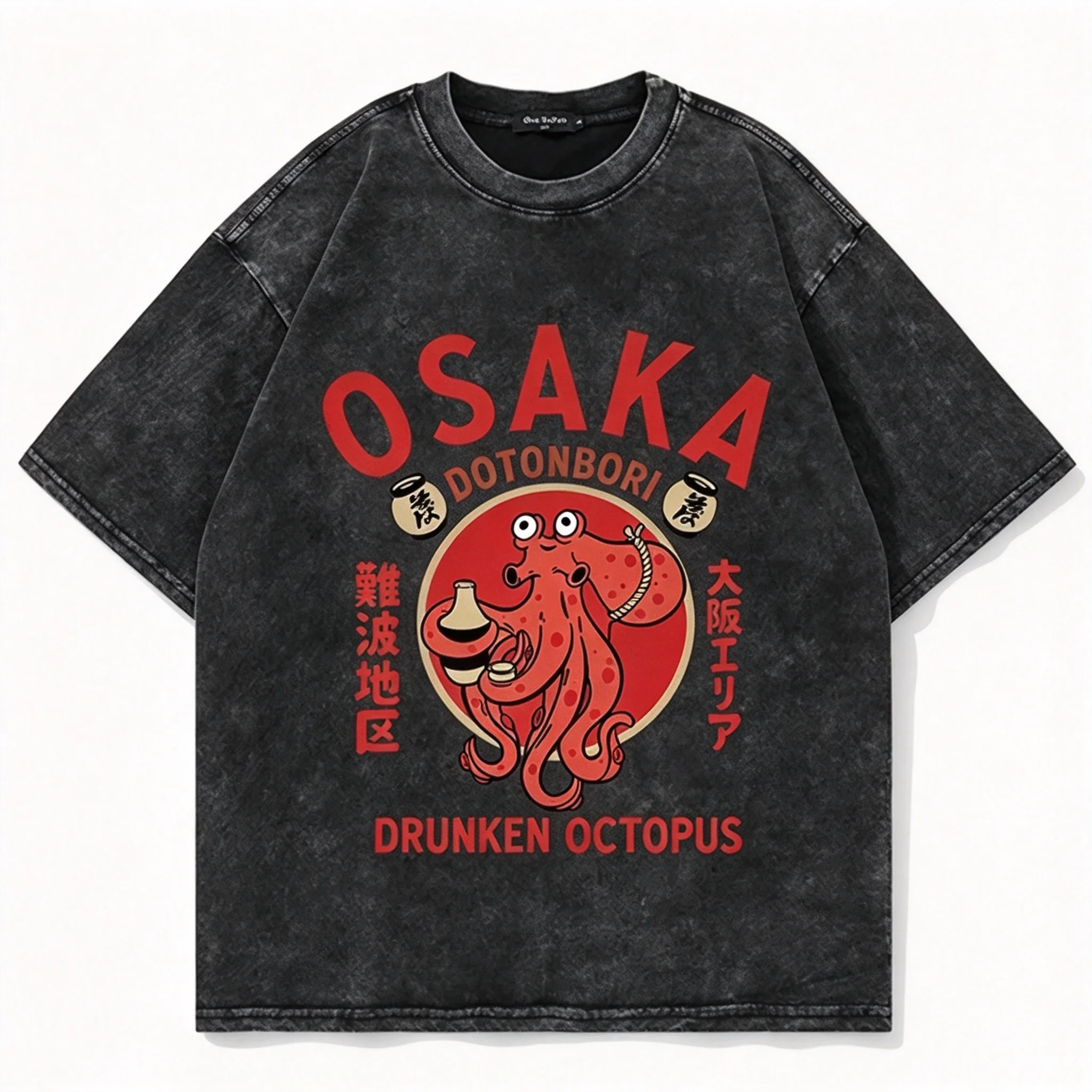 New Japanese Style OSAKA Osaka Dotonbori Drunken Octopus Retro Distressed Washed Short-Sleeve T-Shirt Loose Fit Top