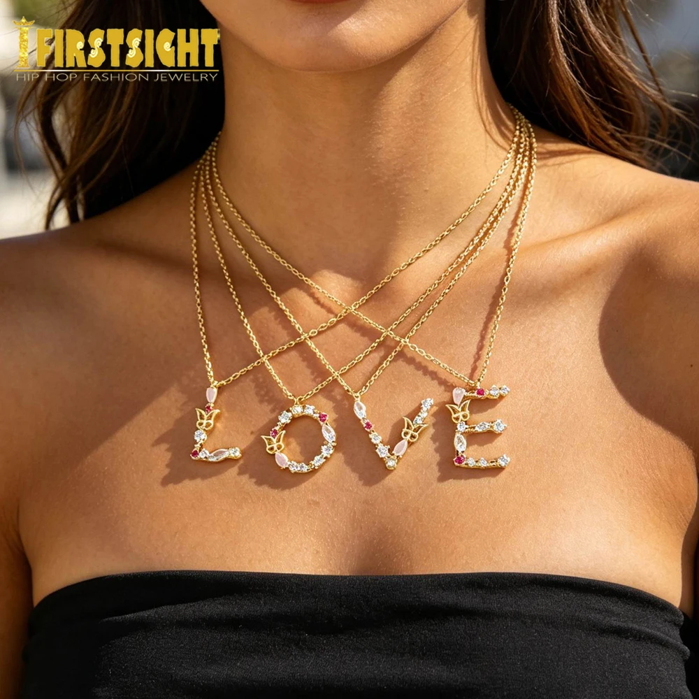 Multilayer Gold Color LOVE Letter Pendant Necklace Pink Crystal Butterfly Inlaid Stacked Chain Choker Trendy Women Jewelry