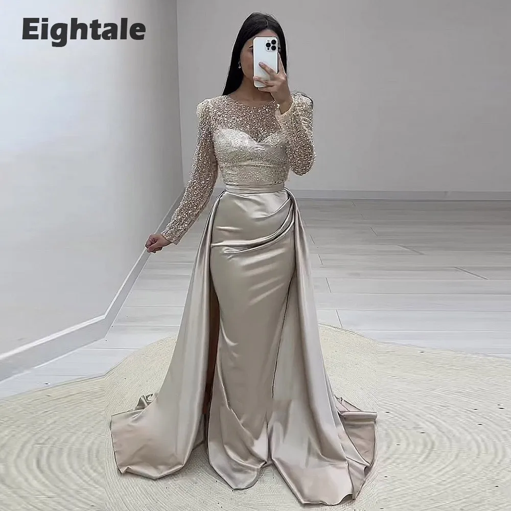 Eightale Luxury Evening Dresses with Detachable Skirt Customized Long Sleeves Satin Mermaid Party Prom Gown Vestidos De Noche