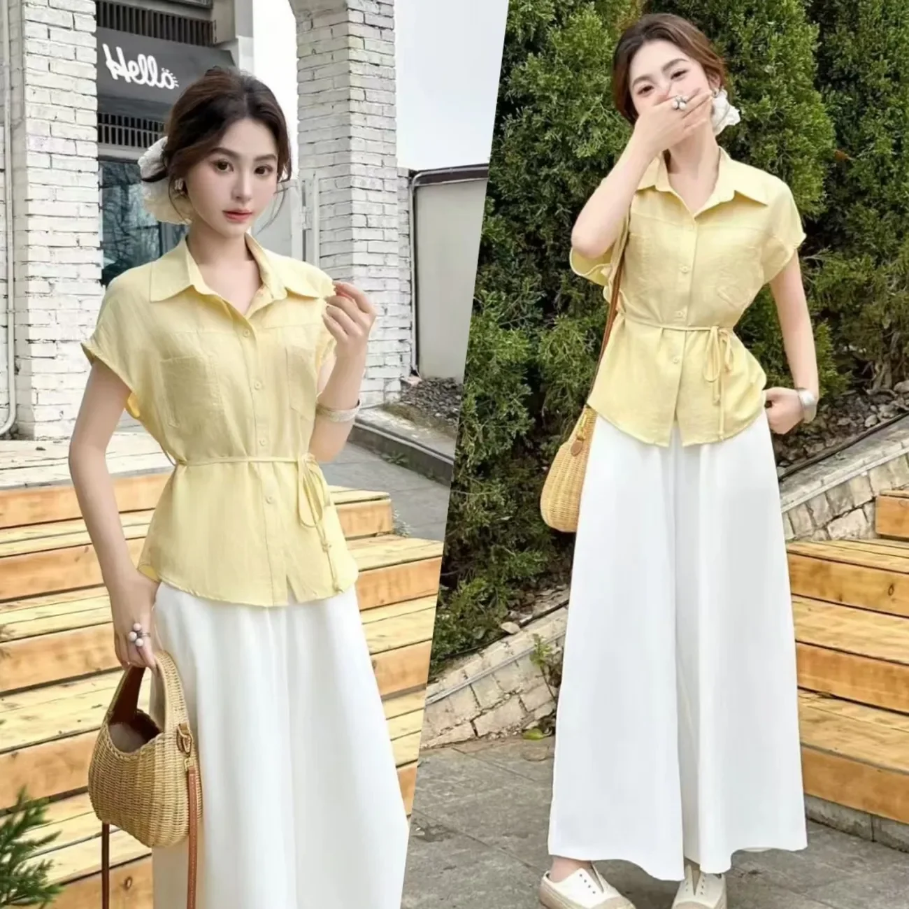 2026 Summer New Korean Version Fashion Temperament Slimming Short Sleeved Shirt+high Waist Wide Leg Pants Two-piece Set