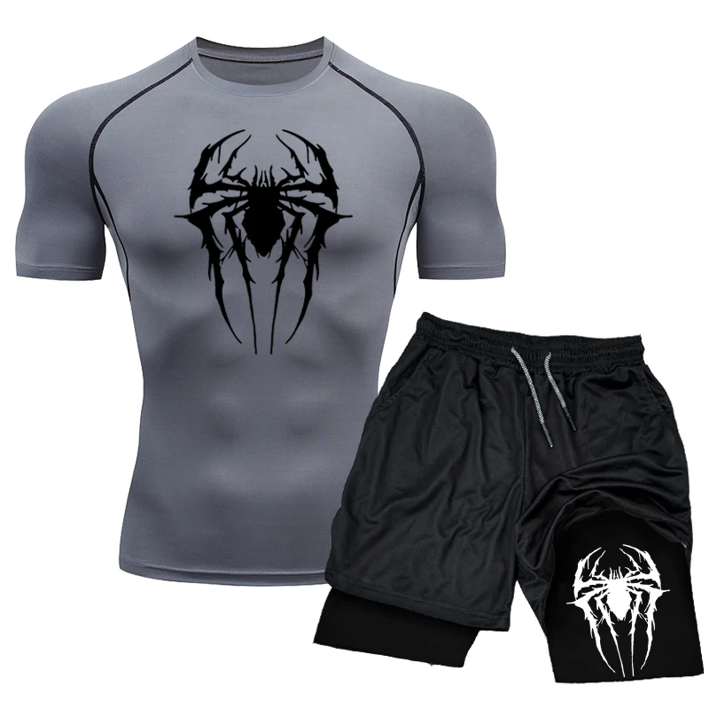 Spider Print Compression Shirt Set Summer Casual Tracksuit 2PCS Men\'s Athletic Tight Quick Dry Tee+Workout Double-Layer Shorts