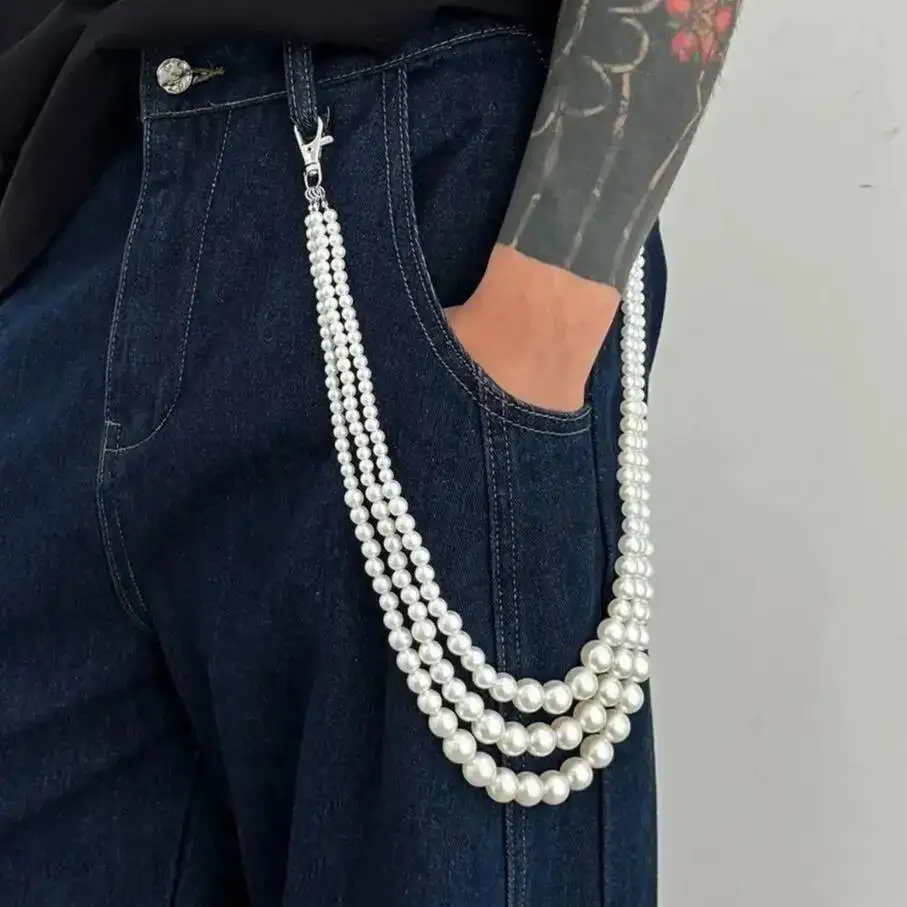 Salircon Hip Hop Multilayer Imitation Perlen Schlüsselanhänger Brieftasche Gürtel Kette Männer Punk Personalisierte Jeans Tasche Kette Hosen Schmuck