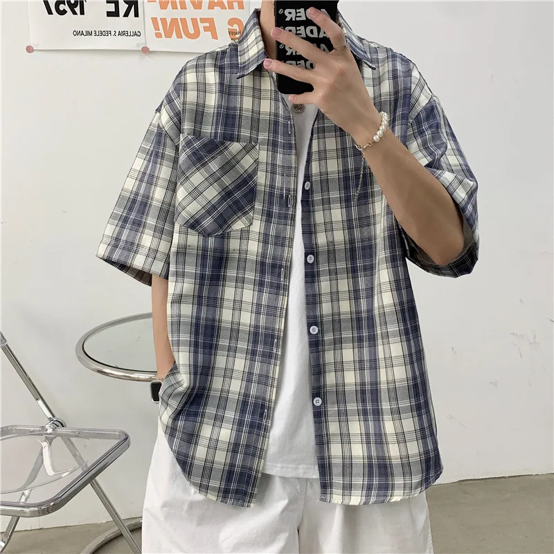 

TRSYPHXM 2025 new Checkered short sleeved shirt men's summer new trend Korean casual wear loose five quarter sleeved shirt