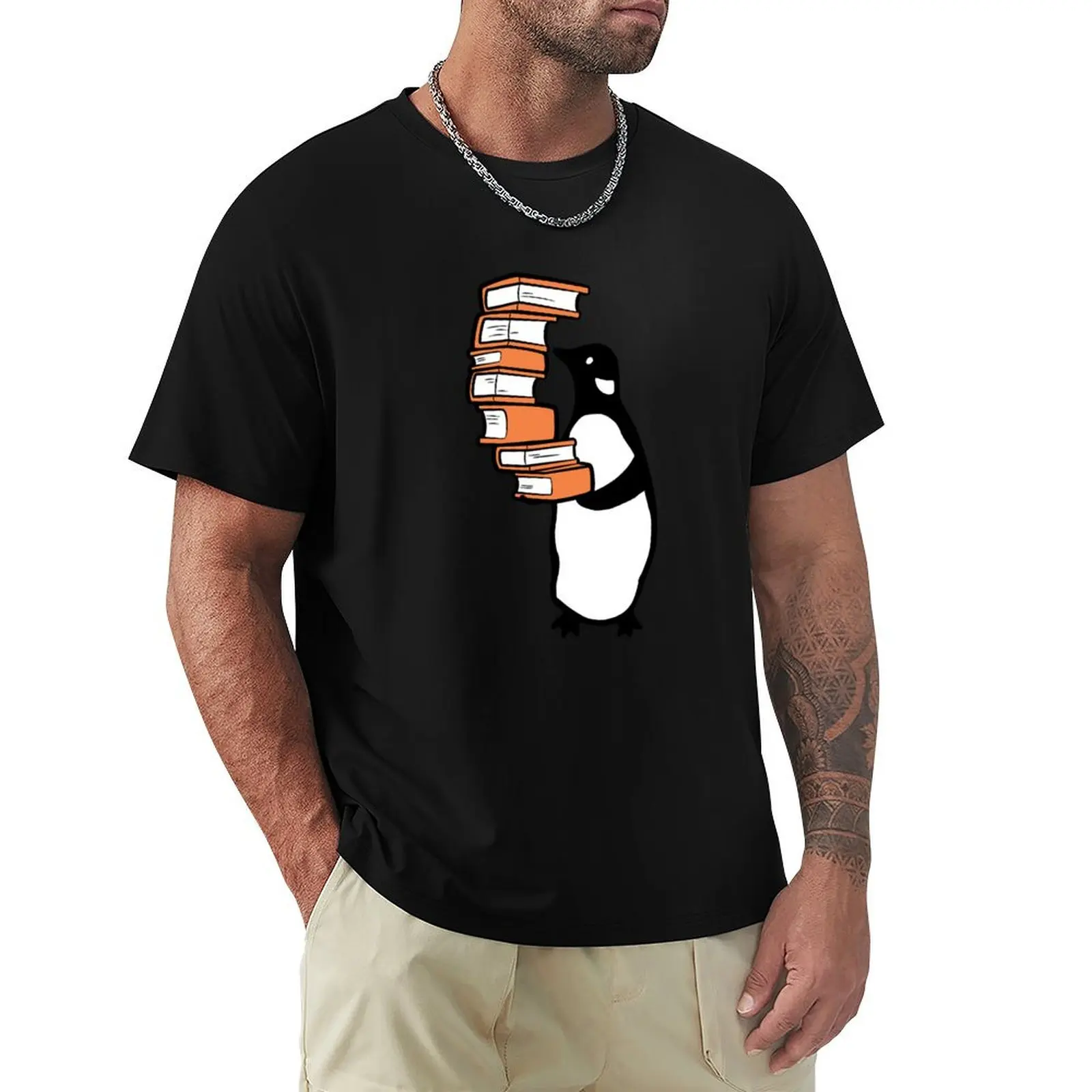 Penguin holding pile of books T-Shirt Utility Work Short Sleeve Top