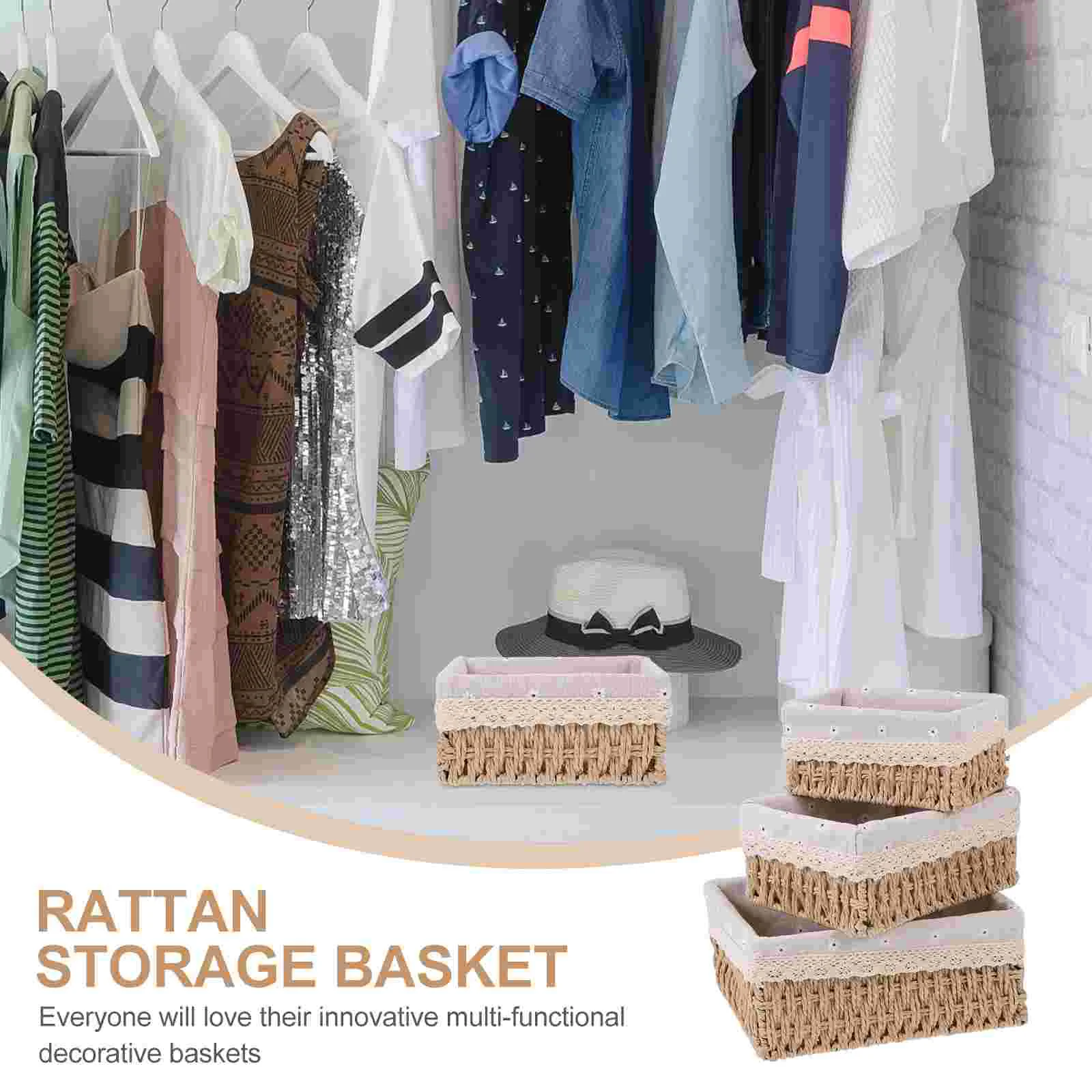 Storatge Basket with Rattan Storage Decor Simple Baskets Toy Pantry Beige Fabric