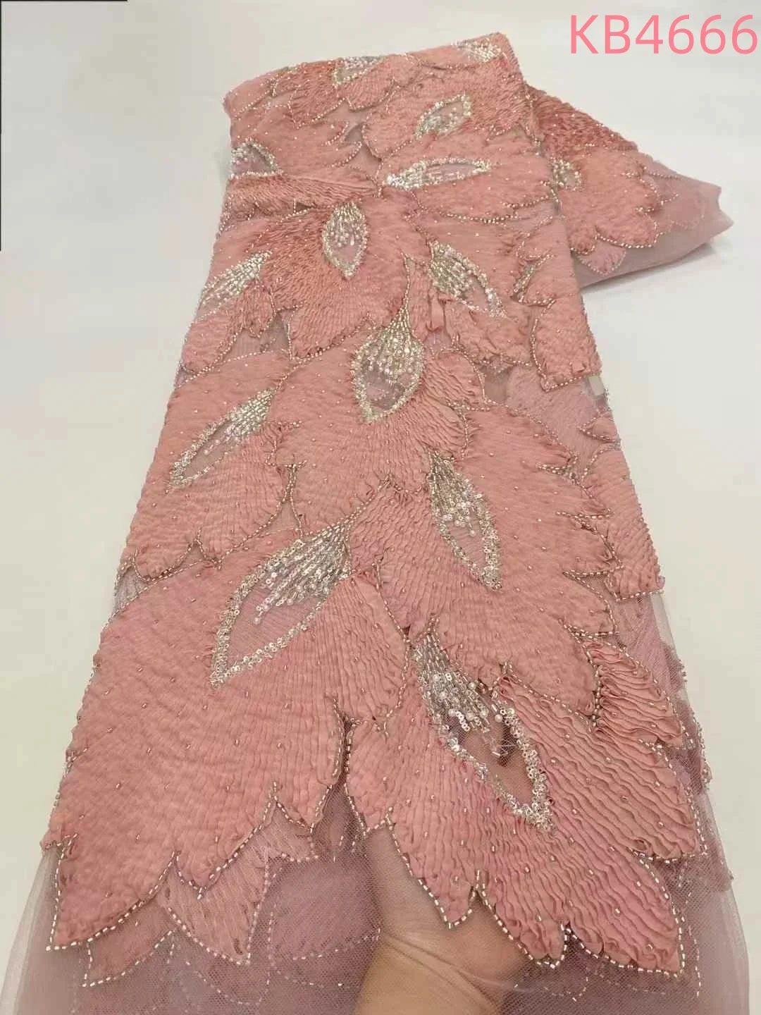 5 Yards 3D Floral Lace Fabric 2025 Luxury African Luxury Fabrics Sky Blue Beaded Lace Fabrics Sequins Net For Sewing KB4666