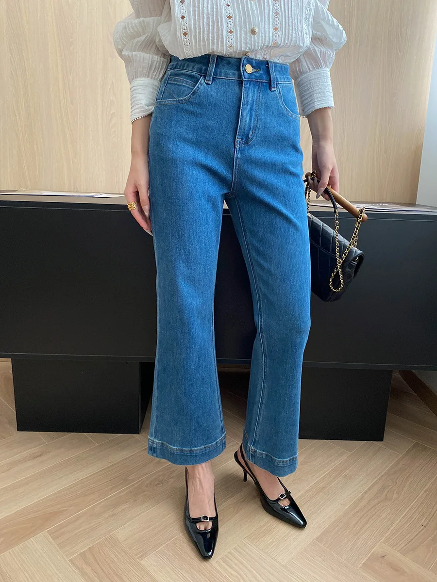

Autumn and winter women's casual solid color high waist slim fit flared jeans