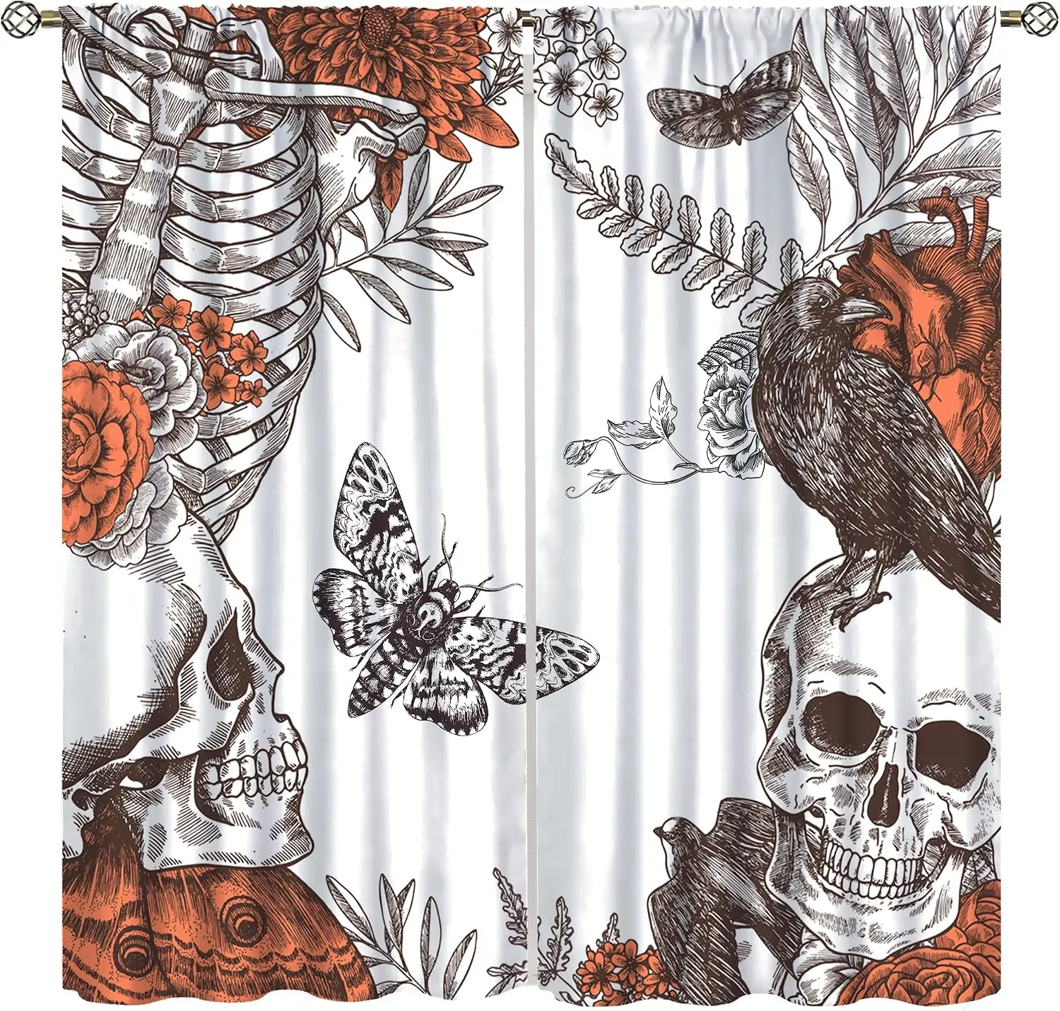 Gothic Skeleton Butterfly Skull Bones Botanical Pattern Window Curtain Vintage Victorian Macabre Art Deco Living Room Decor Drap