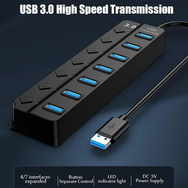 4/7 Ports USB3.0 Adapter Portable USB Multiport USB 3.0 Ports Hub with Switches LED Converter 5Gbps Data Transfer for Laptop PC