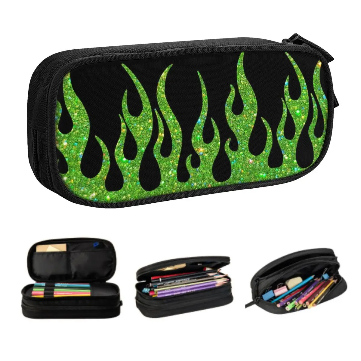 Green Glitter Flames Custom Cute Pencil Case Girl Boy Large Capacity Vintage Fire Aesthetic Pencil Bag Pouch Students Stationery