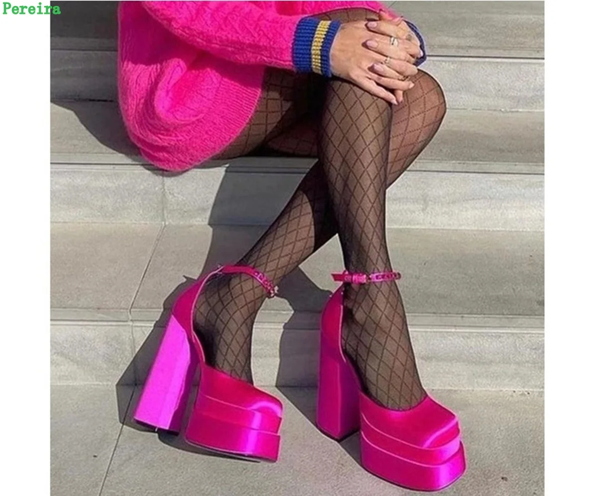 Zapatos de tacón grueso con diamantes de imitación para mujer, calzado con plataforma, punta redonda, color rosa y rojo, para fiesta