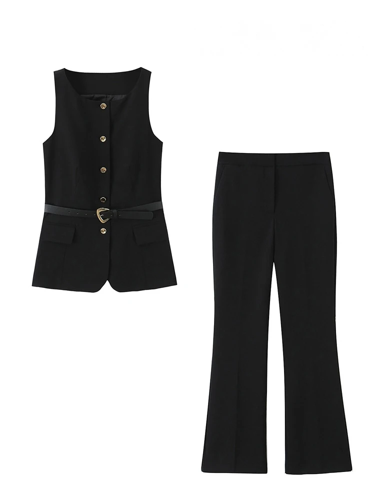 

HH женский однобортный топ без рукавов с поясом и круглым воротником + карманы, летние брюки-клеш, шикарный однотонный комплект из 2 предметов