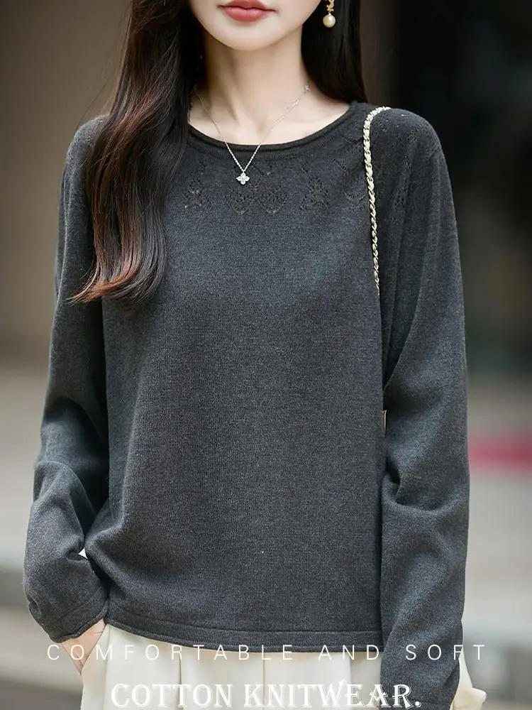Loose Fit Women's Long Sleeve round Neck Knitted Sweater Hollow out 100% Cotton Soft Comfortable Casual Style Base Shirt Top