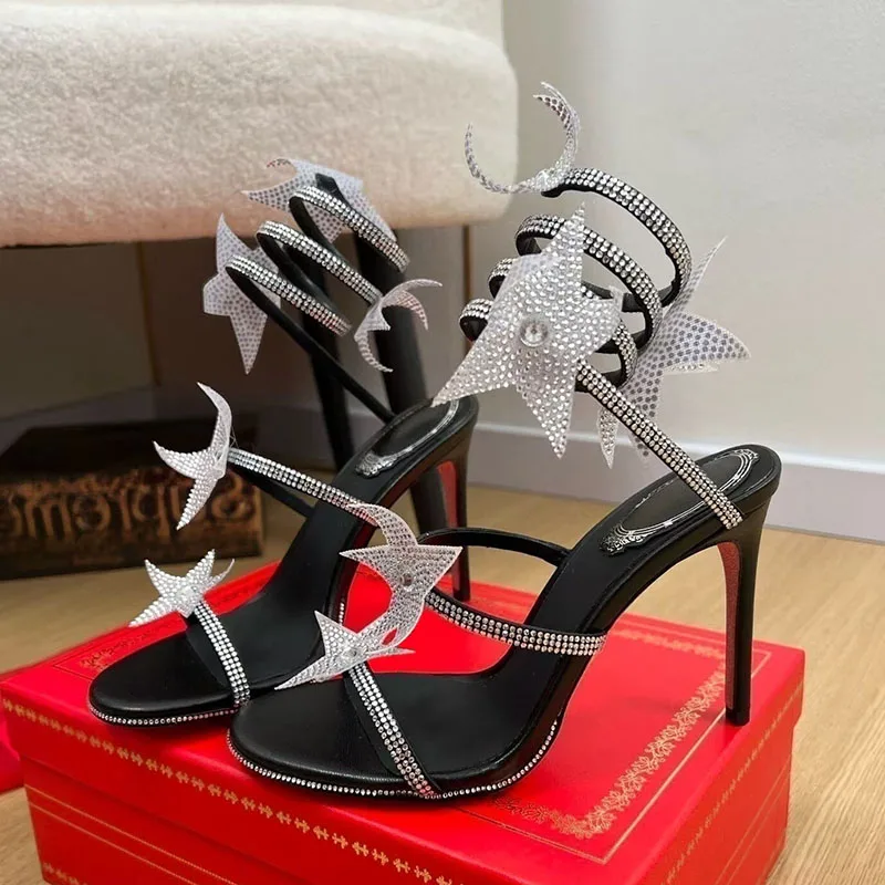 Sandals Shiny Rhinestone Tiny Spot Decor Sandalias Women Elastic Strap Gladiator Thin High Heels Summer Bridesmaid Dress Shoes