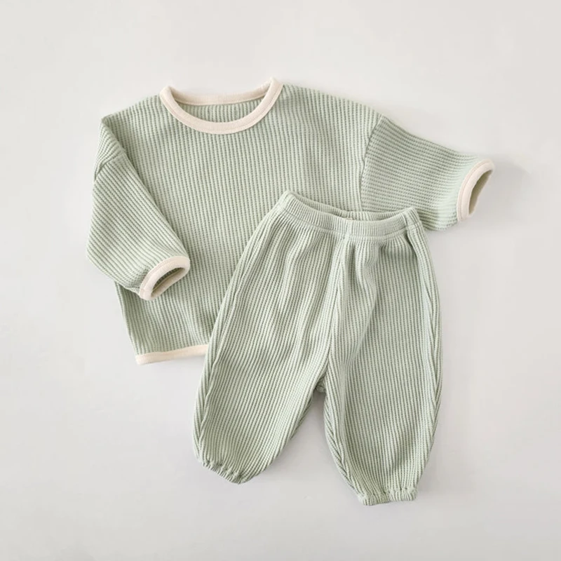 2023 Spring and Autumn Baby Set Boys and Girls Newborn Waffle Long Sleeve Top+Solid Color Pants 2 Piece Children\'s T-shirt Set