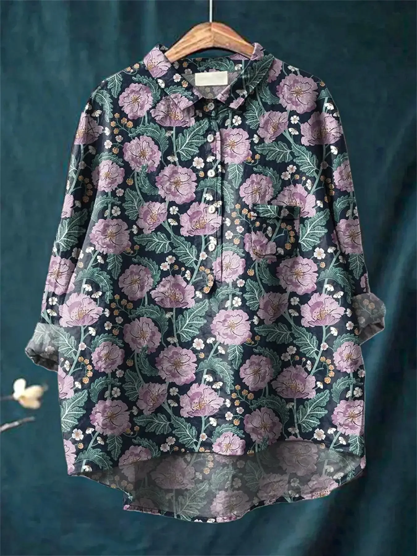 

Ladies' casual loose geometric printed button up shirt with a collar, long sleeves, and chest pocket ,Purple flowers from