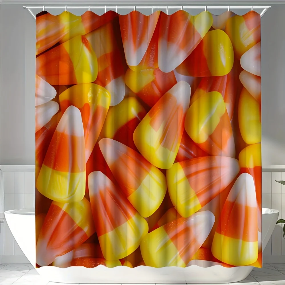Cortina de Ducha con Diseño de Dulces de Halloween, Decoración de Baño con Temática de Dulces, Divertida para el Festival de la Cosecha de Otoño, Cortina de Baño de Tela Impermeable