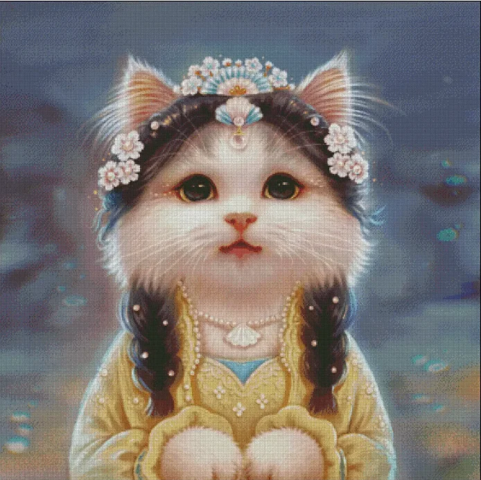 [ZZ2886-Princess Meow] Cross Stitch Needlework Kit 14CT 16CT, Printed Fabric for Hand Stitching, Cotton Thread Set